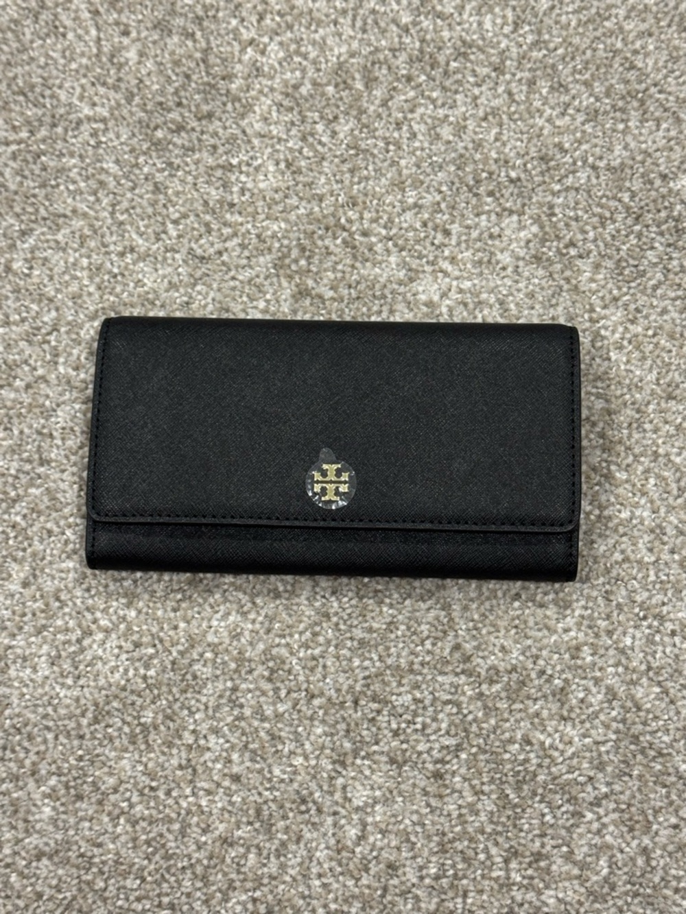 NEW Tory Burch Black Saffiano Trifold Wallet with Gold Logo